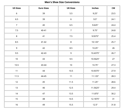 Men’s Shoes Sneakers  - size conversion