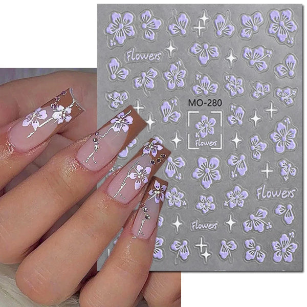 5D Embossed Nail Art Decals Semi-transparent Purple Petals Flowers Adhesive Sliders Nails Stickers Decorations For Manicure. - 1
