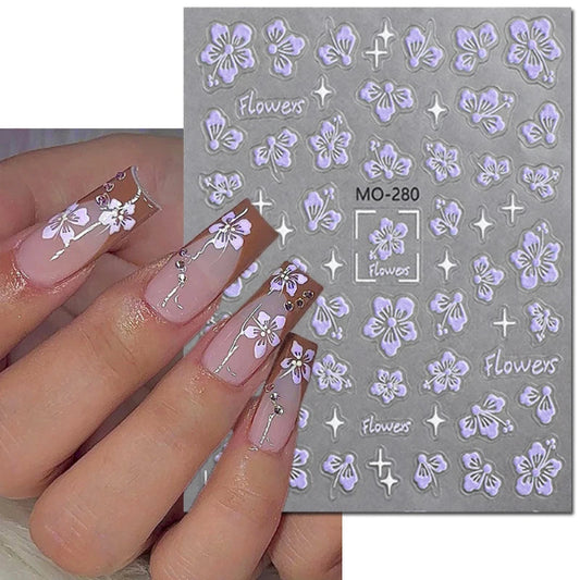 5D Embossed Nail Art Decals Semi-transparent Purple Petals Flowers Adhesive Sliders Nails Stickers Decorations For Manicure. - 1