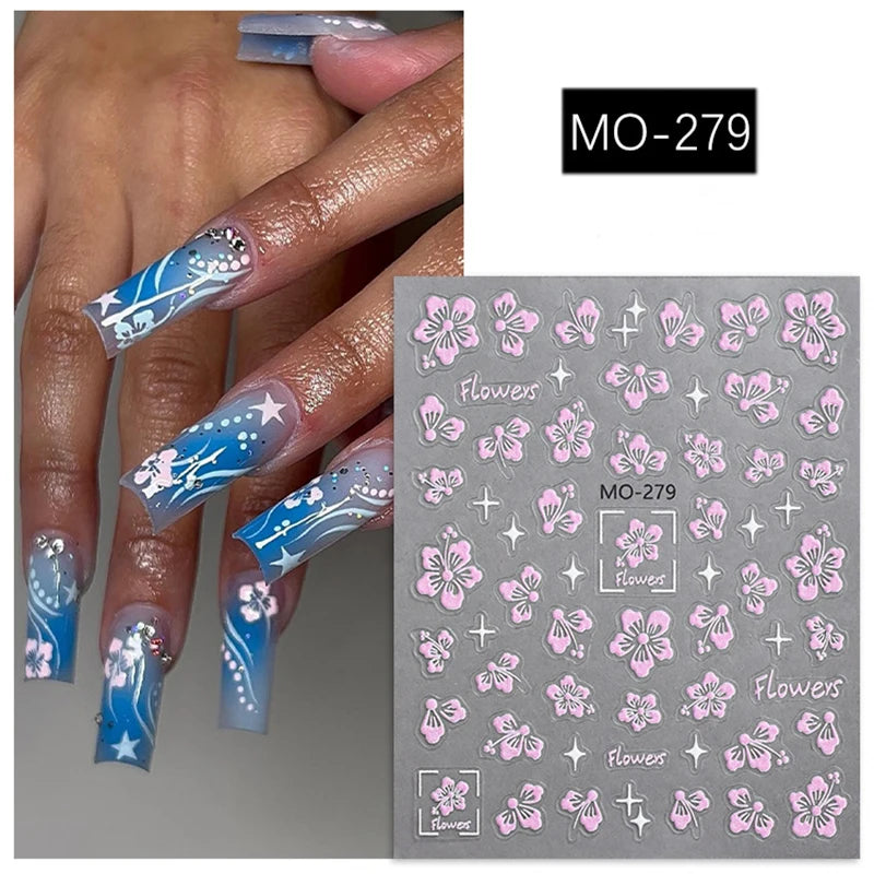 5D Embossed Nail Art Decals Semi-transparent Purple Petals Flowers Adhesive Sliders Nails Stickers Decorations For Manicure - 279