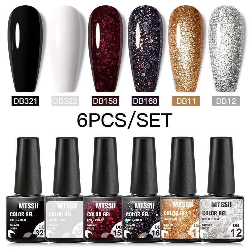 Mtssii 6PCS red gel nail polish set with glitter and matte finishes, includes base and top coat, soak-off UV LED nail varnish for art and design. - DB12
