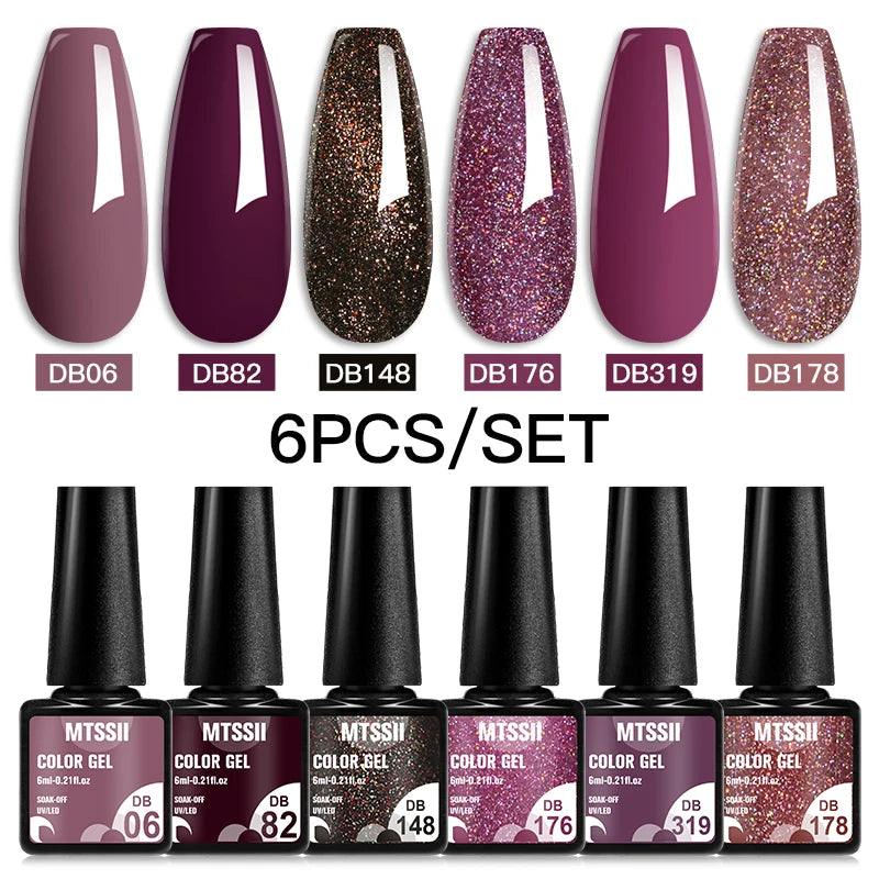 Mtssii 6PCS red gel nail polish set with glitter and matte finishes, includes base and top coat, soak-off UV LED nail varnish for art and design. - DB06