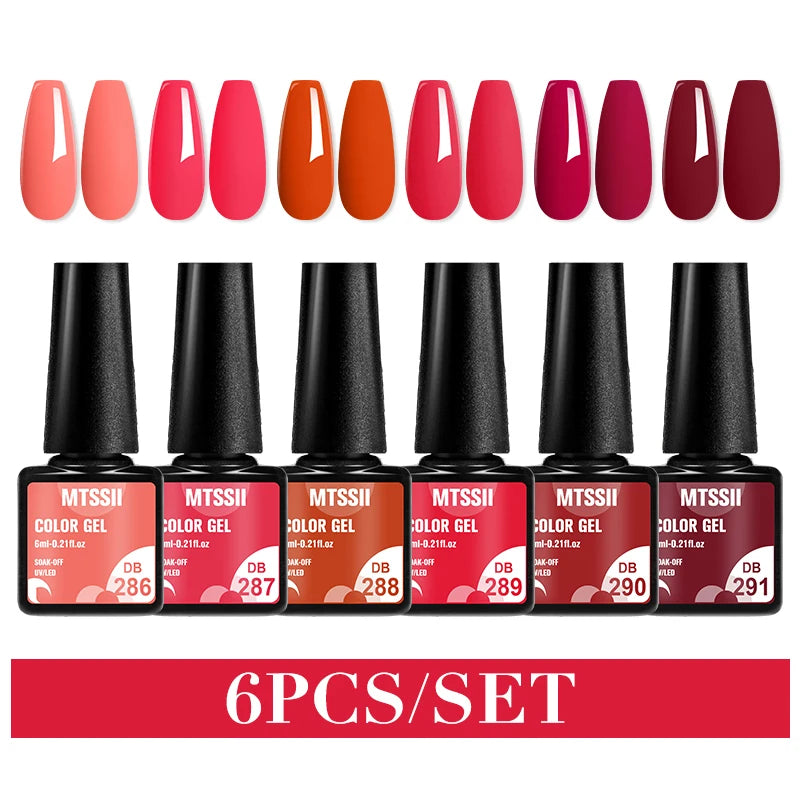 Mtssii 6PCS red gel nail polish set with glitter and matte finishes, includes base and top coat, soak-off UV LED nail varnish for art and design. - DB286