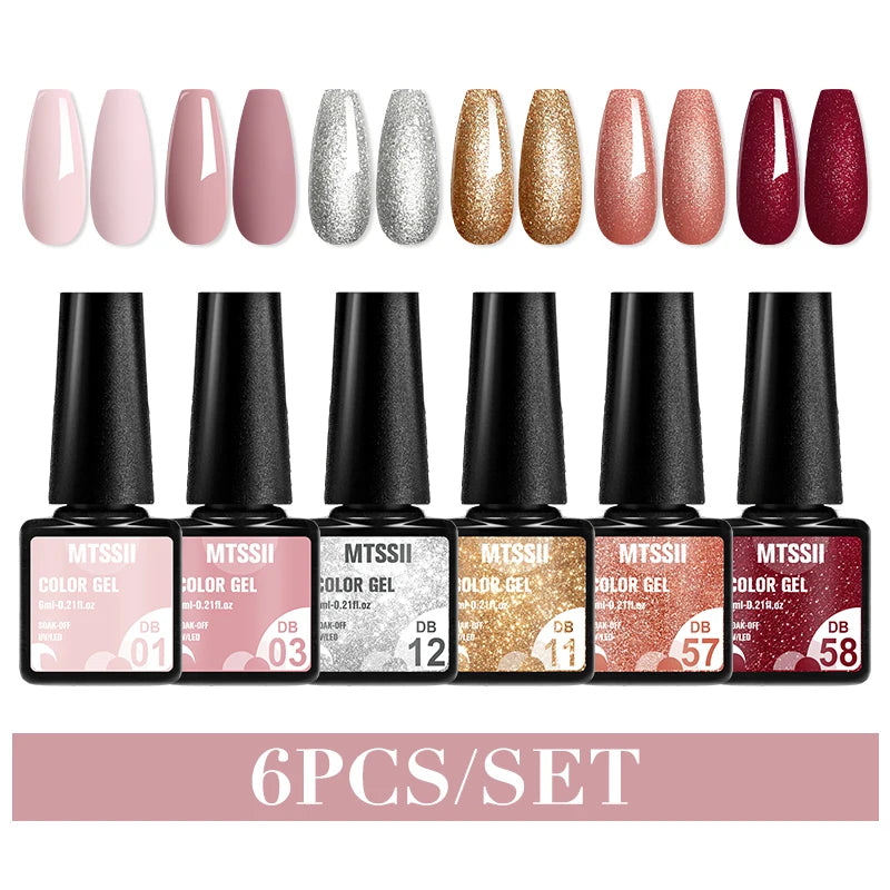 Mtssii 6PCS red gel nail polish set with glitter and matte finishes, includes base and top coat, soak-off UV LED nail varnish for art and design.- DB01
