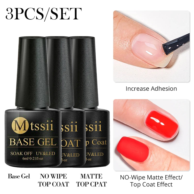 Mtssii 6PCS red gel nail polish set with glitter and matte finishes, includes base and top coat, soak-off UV LED nail varnish for art and design.- 3PCS-Set