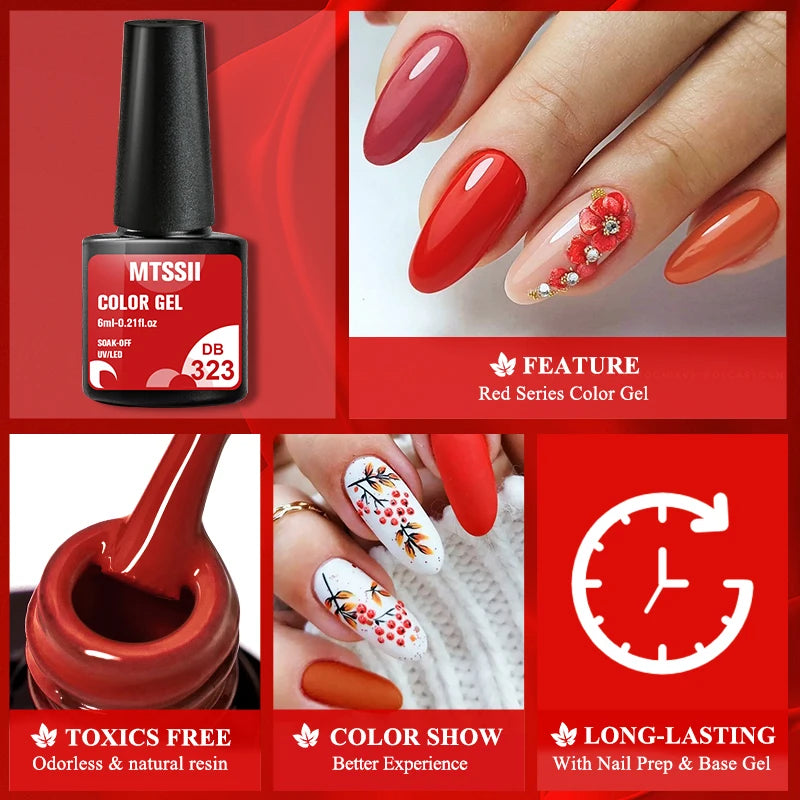 Mtssii 6PCS red gel nail polish set with glitter and matte finishes, includes base and top coat, soak-off UV LED nail varnish for art and design.  - long lasting
