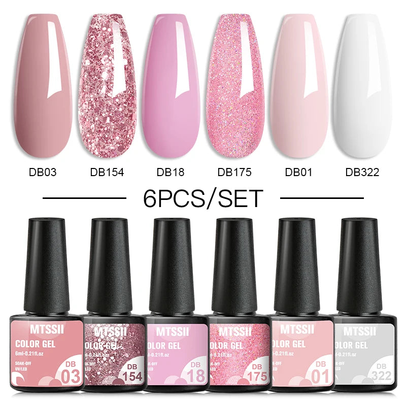 Mtssii 6PCS red gel nail polish set with glitter and matte finishes, includes base and top coat, soak-off UV LED nail varnish for art and design.  - DB03