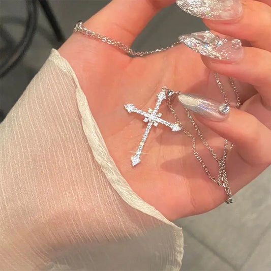 Silver CZ zirconia cross pendant necklace for women with chain choker trendy jewelry accessory- 1
