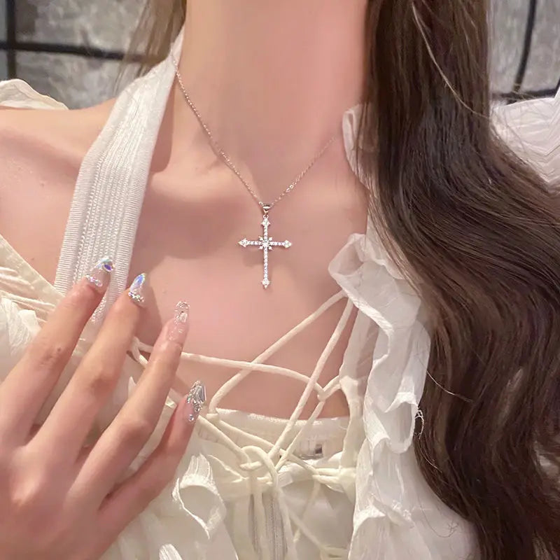 Silver CZ zirconia cross pendant necklace for women with chain choker trendy jewelry accessory- 2