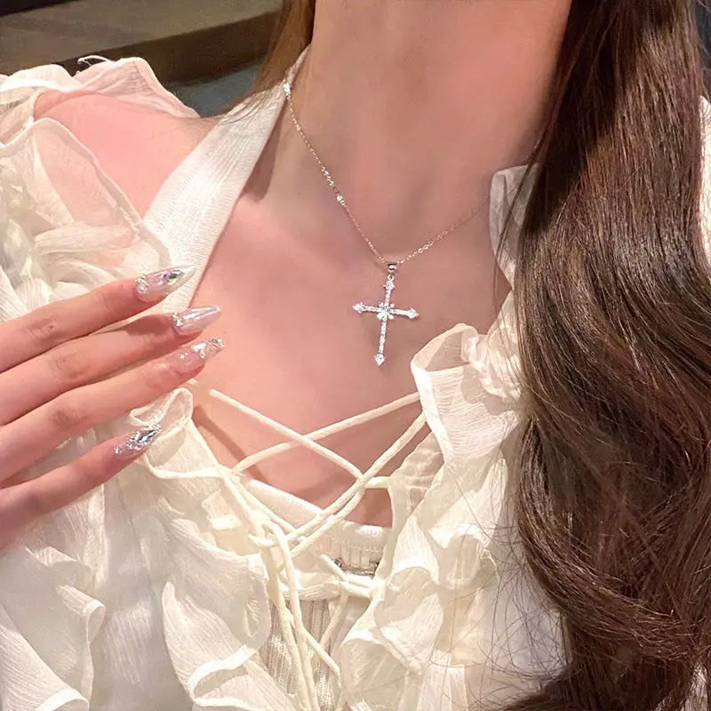 Silver CZ zirconia cross pendant necklace for women with chain choker trendy jewelry accessory- 3