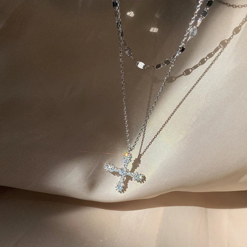 Silver CZ zirconia cross pendant necklace for women with chain choker trendy jewelry accessory- 9