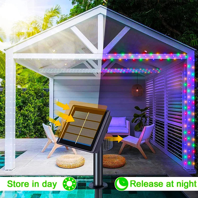Outdoor waterproof LED solar fairy lights garland with 8 modes for Christmas decoration on patio, balcony, and yard - 3 solar store in day release at night