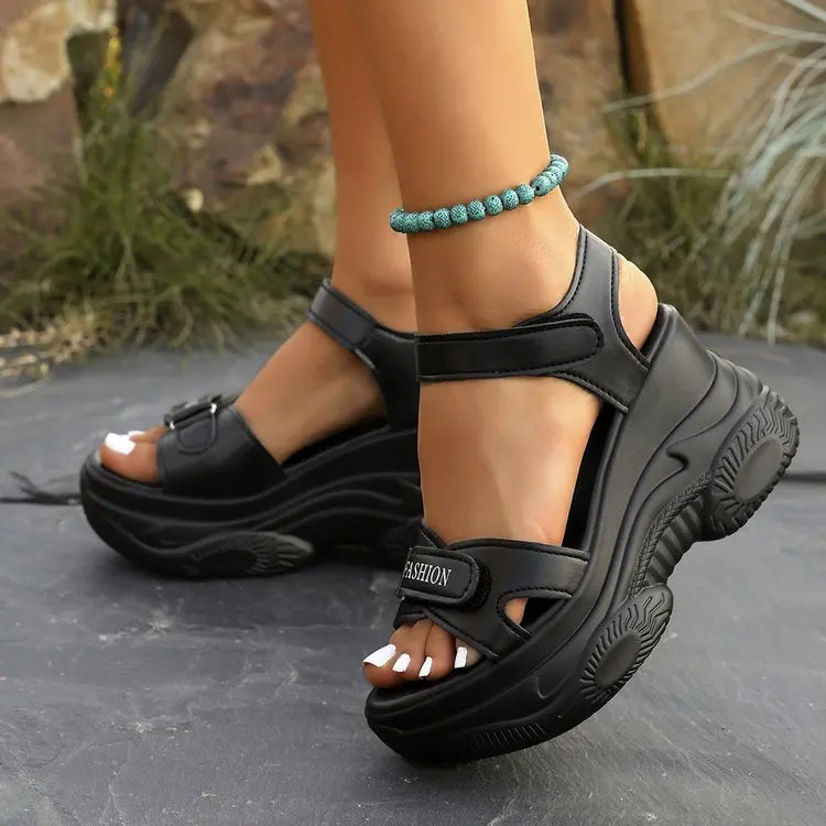 Casual Sporty Women's Sandals Summer Thick Heel Roman Beach Shoes Soft Bottom with Water Diamond Tape Ladies Slippers