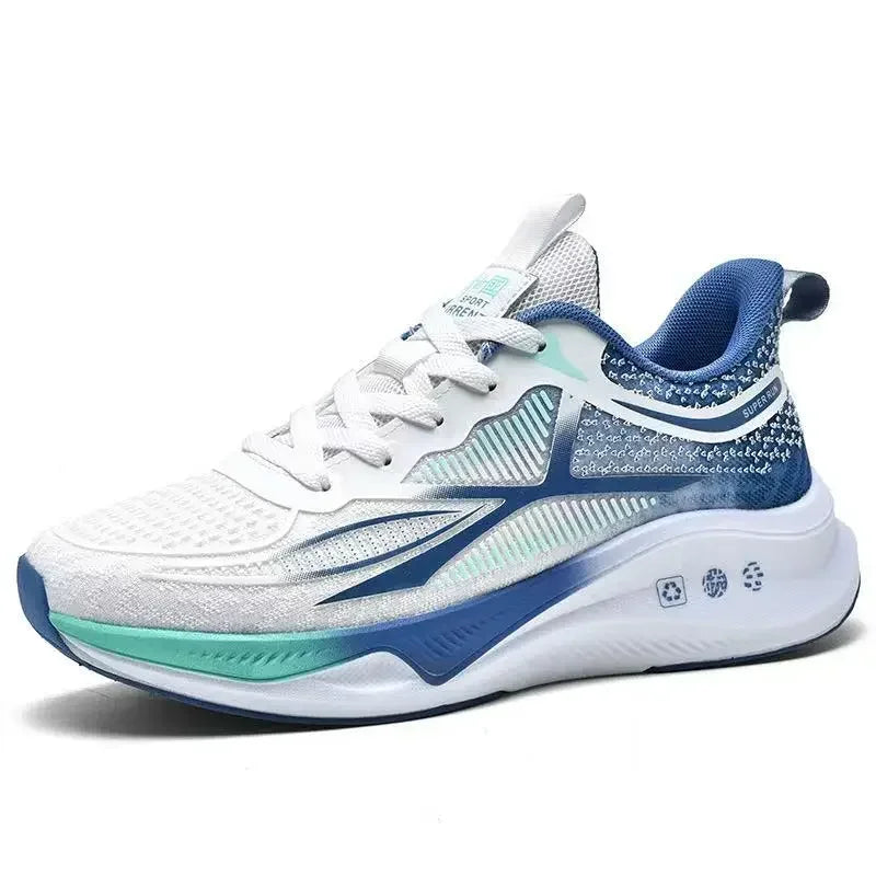 White and blue running shoe on a white background