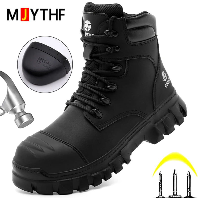 Black high-top boot with detailed features on a white background