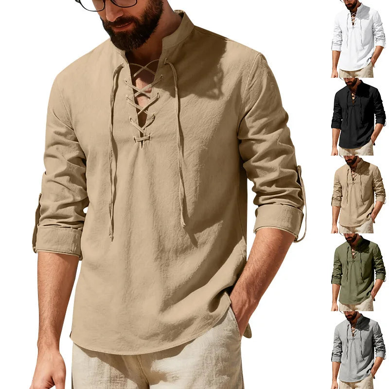 Beige long-sleeve shirt with lace-up front worn by a man, displayed against a white background.