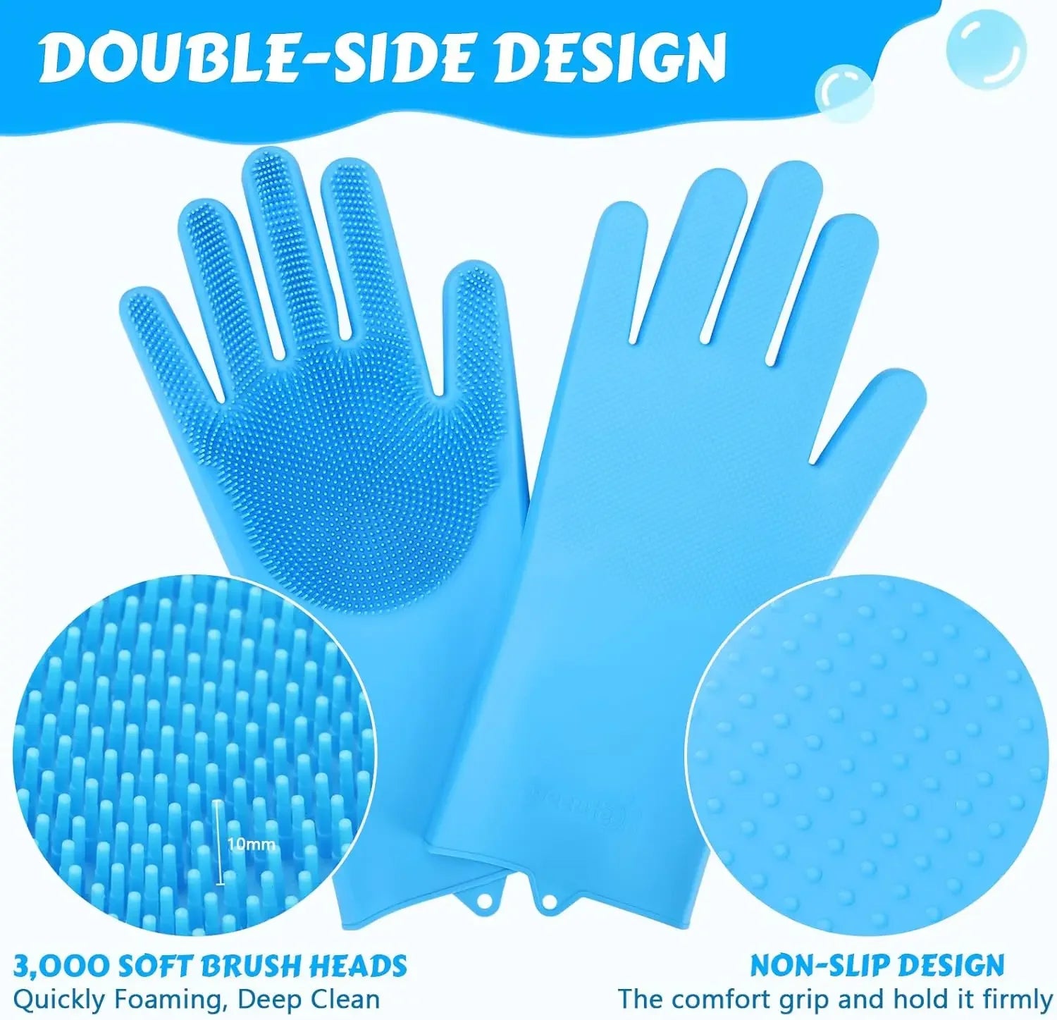Blue cleaning gloves with double-side design, soft brush heads, and non-slip design on a white background.