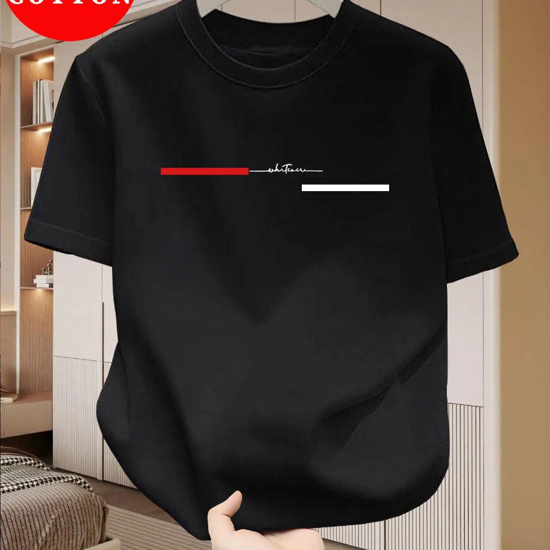 Black t-shirt with a red and white graphic design held in front of a neutral background