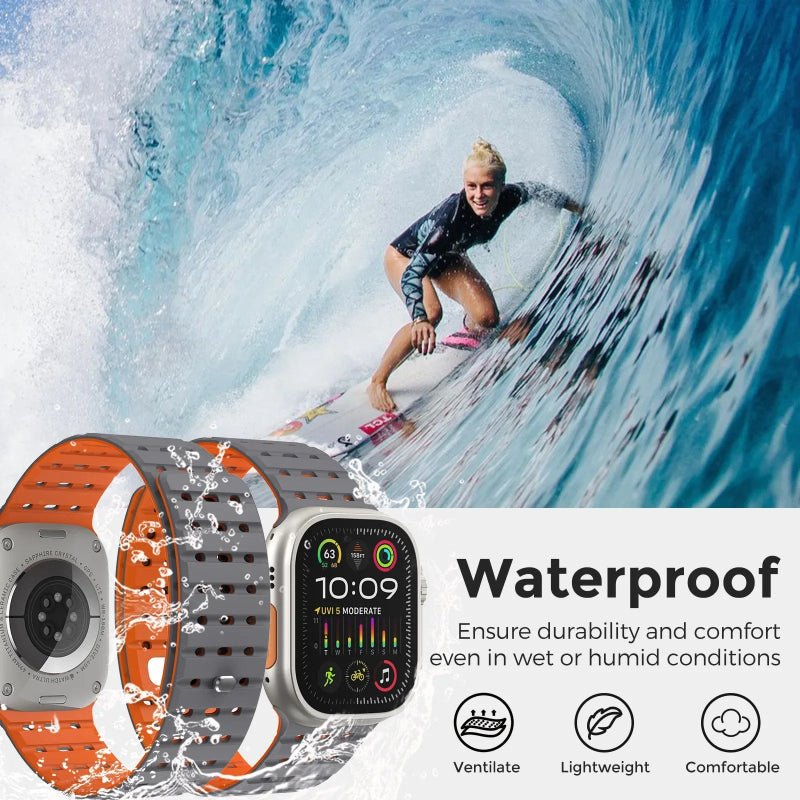 Smartwatch with orange strap and water resistance features, surfer on wave background.