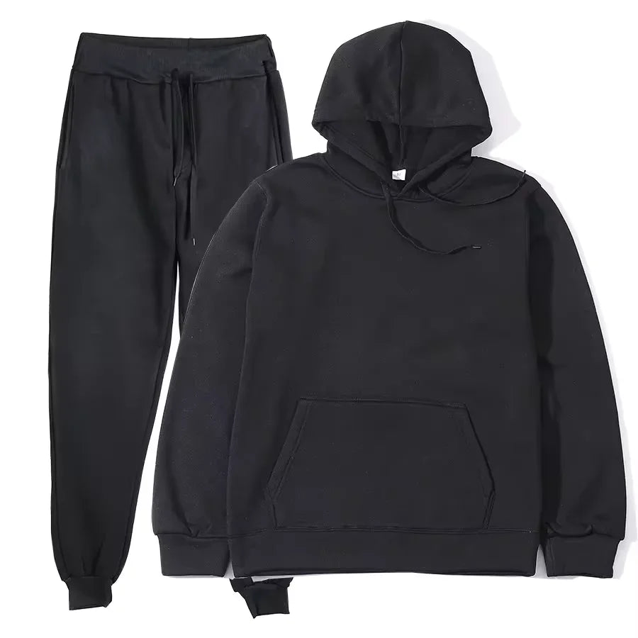 Unisex solid color fleece hoodie and pants two‑piece sports set for autumn and winter black