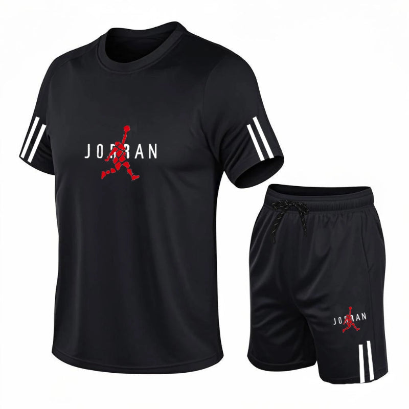 Black t-shirt and shorts set with Jordan logo on a white background
