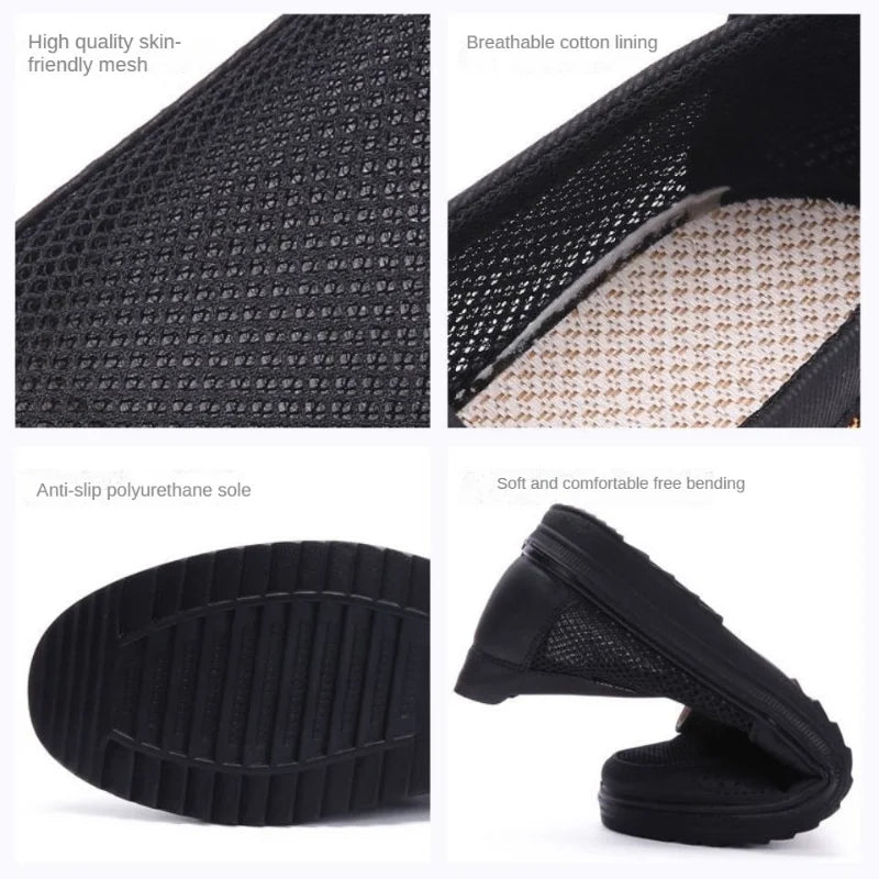 Black slip-on shoes with mesh, sole, and comfort features highlighted.