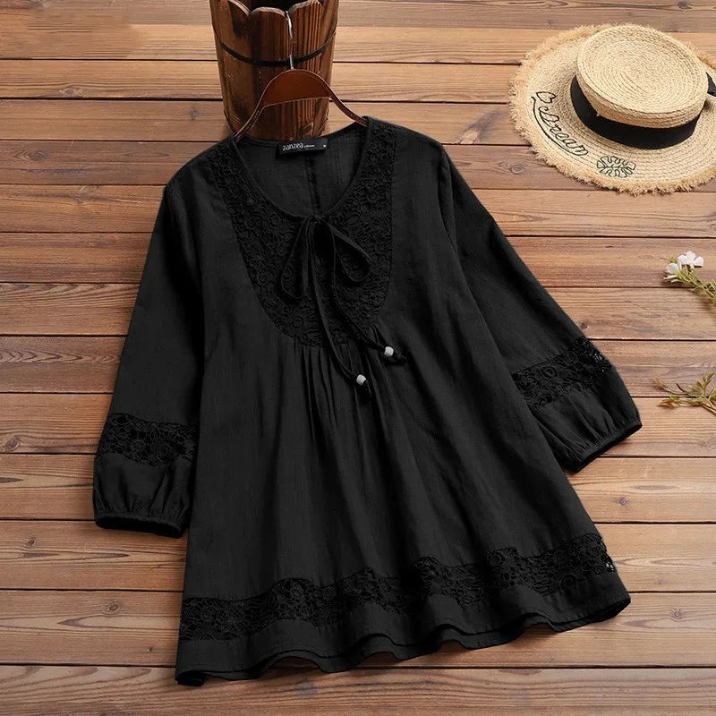 Women’s cotton linen lace blouse loose fit three-quarter sleeve summer top black 02