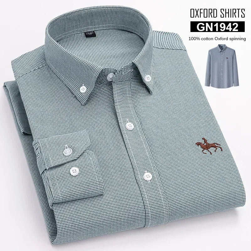 Folded green checkered shirt with a logo on a white background, labeled 'Oxford Shirts GN1942'.