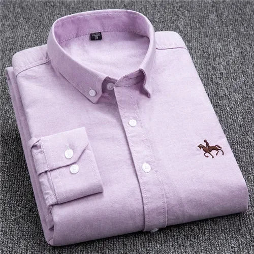 Men’s Oxford Cotton Shirt – Long Sleeve Embroidered Horse Design