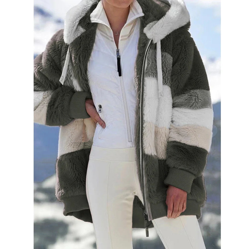 Faith Winter Fashion Women's Hooded Thick Cashmere Coat with Plaid Stitching- army green