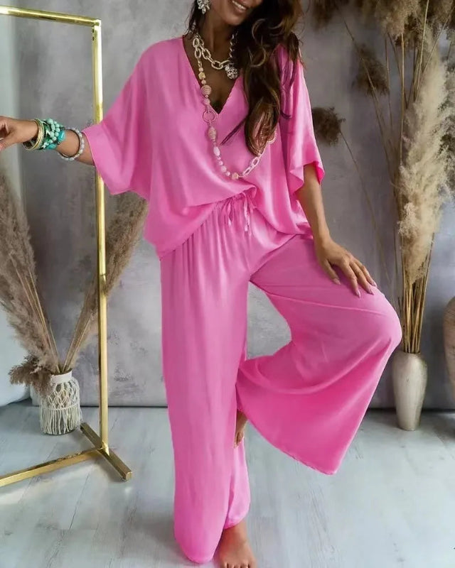 Women’s 2-piece vacation outfit V-neck blouse and wide leg beachwear pants set 4578
