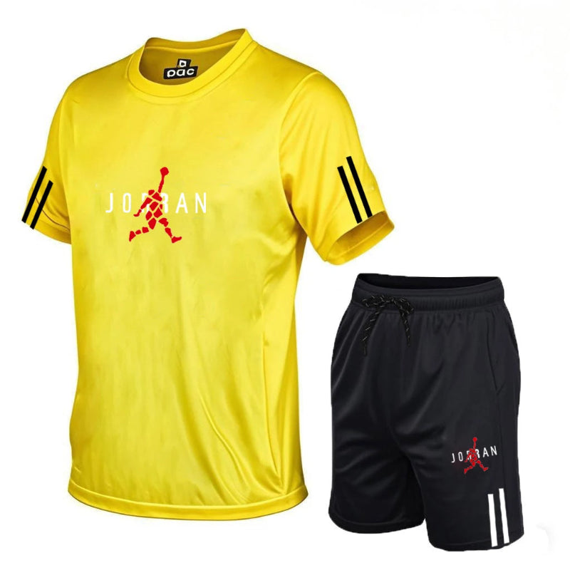 Yellow t-shirt and black shorts with Jordan logo on a white background
