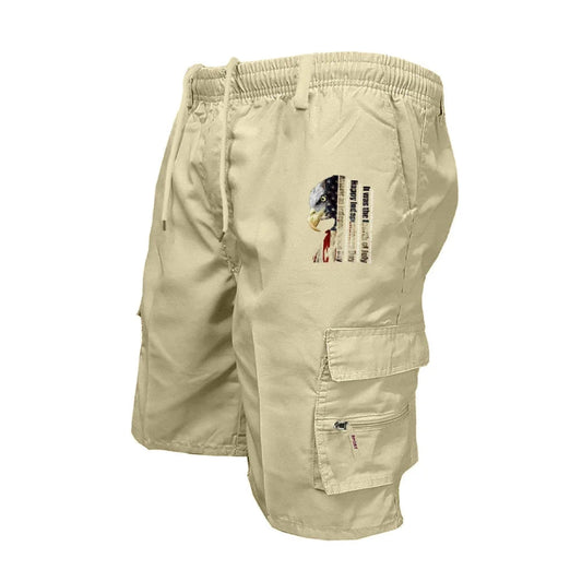 Beige cargo shorts with a graphic design on a white background