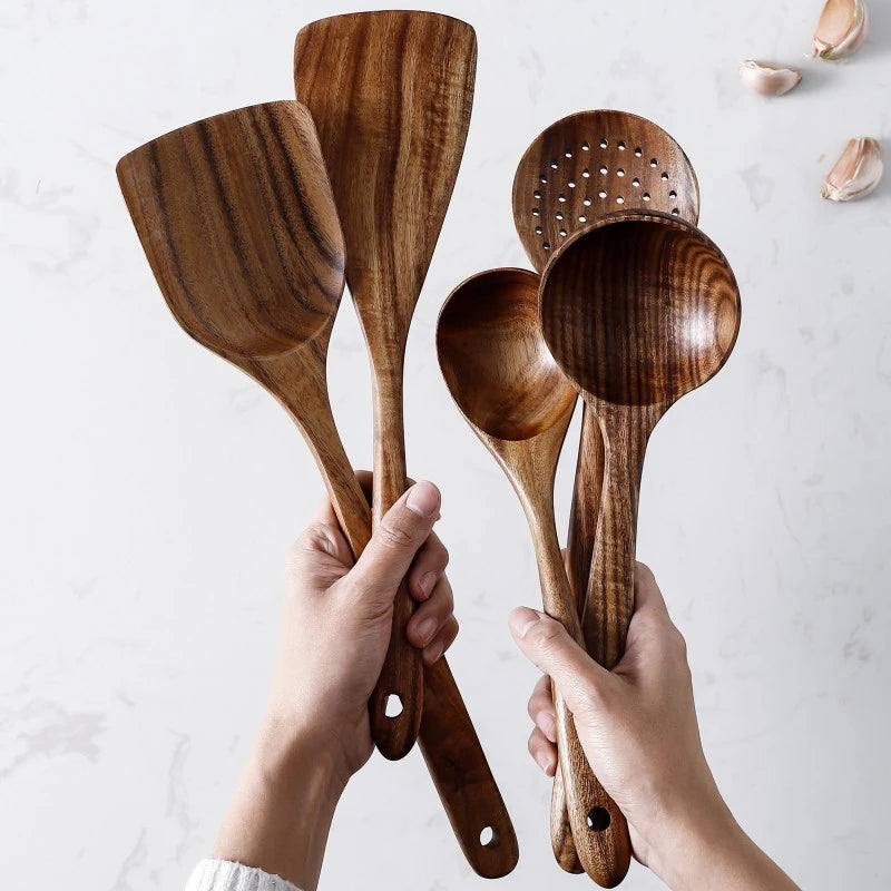 Thailand teak natural wood kitchen utensils set – spoon, ladle, turner, rice colander, soup skimmer, scoop cooking tools 2