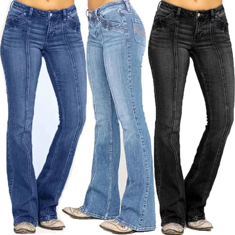 Three pairs of jeans displayed side by side on a white background.