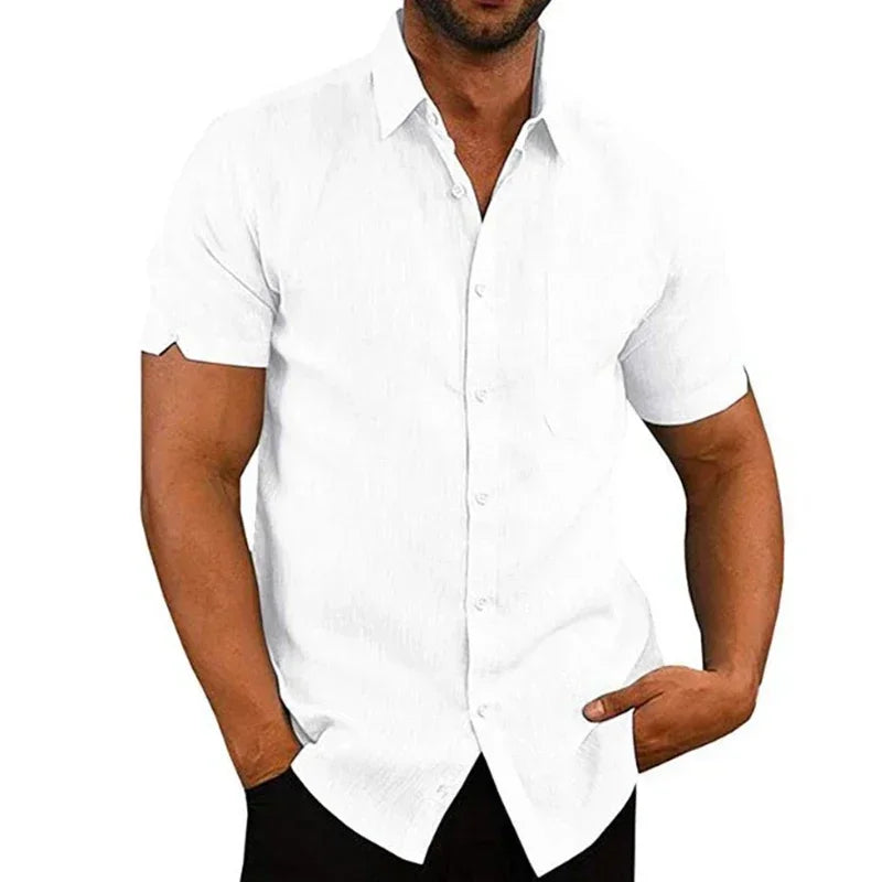 Man wearing a white short-sleeve button-up shirt on a white background