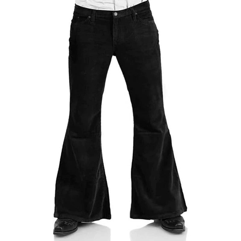 Black bell-bottom pants on a white background