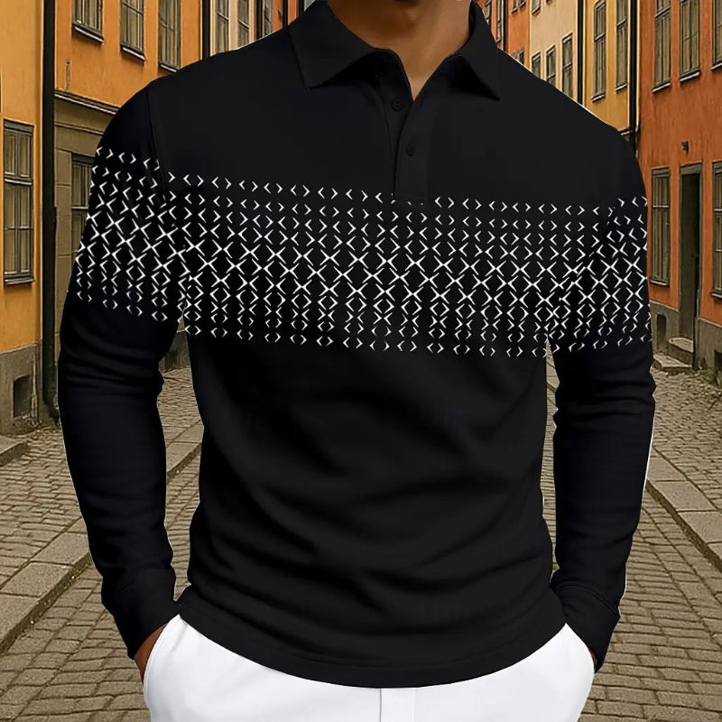 Black long-sleeve shirt with geometric pattern on a street background