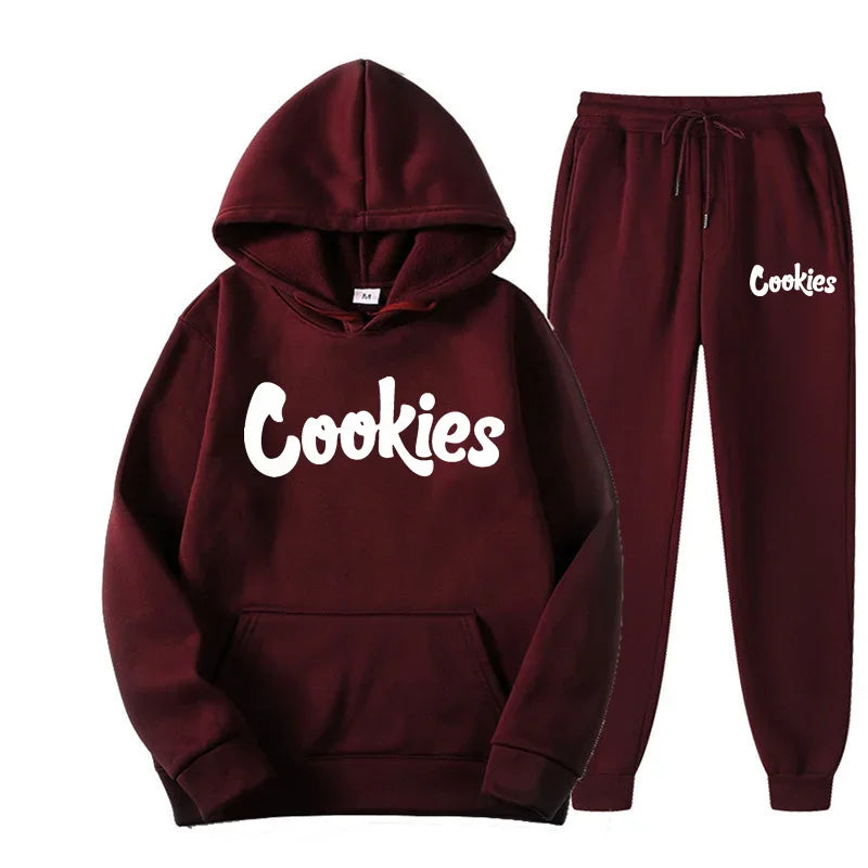 Maroon hoodie and sweatpants set with 'Cookies' branding on a white background