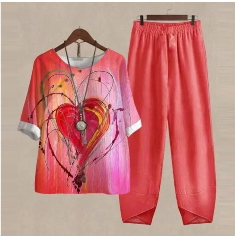 Red outfit with a heart design on a beige background