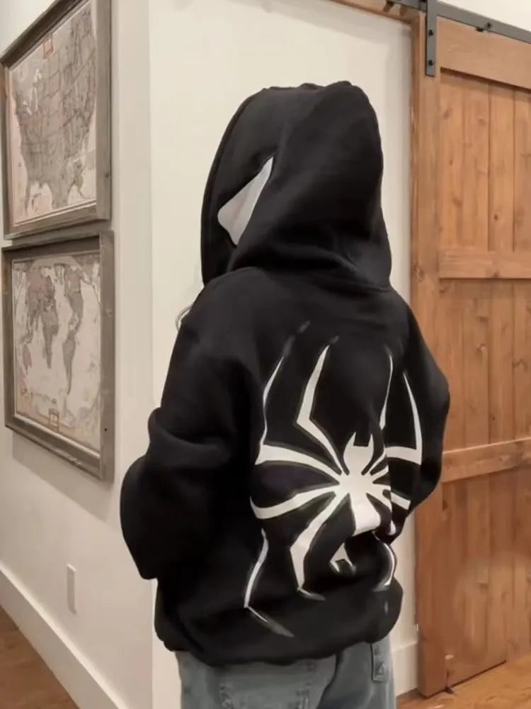 Full zip up spider graphic hoodie for men and women, oversized Harajuku punk gothic Y2K streetwear sweatshirt jacket black 3