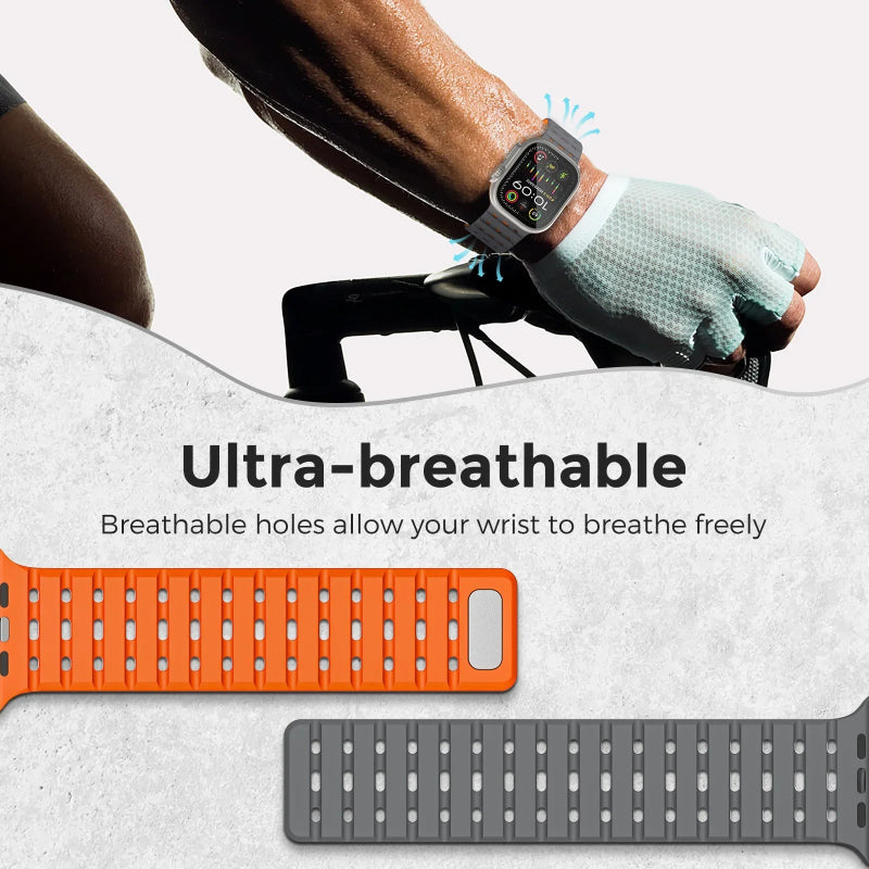 Smartwatch with orange band and breathable特性highlighted.