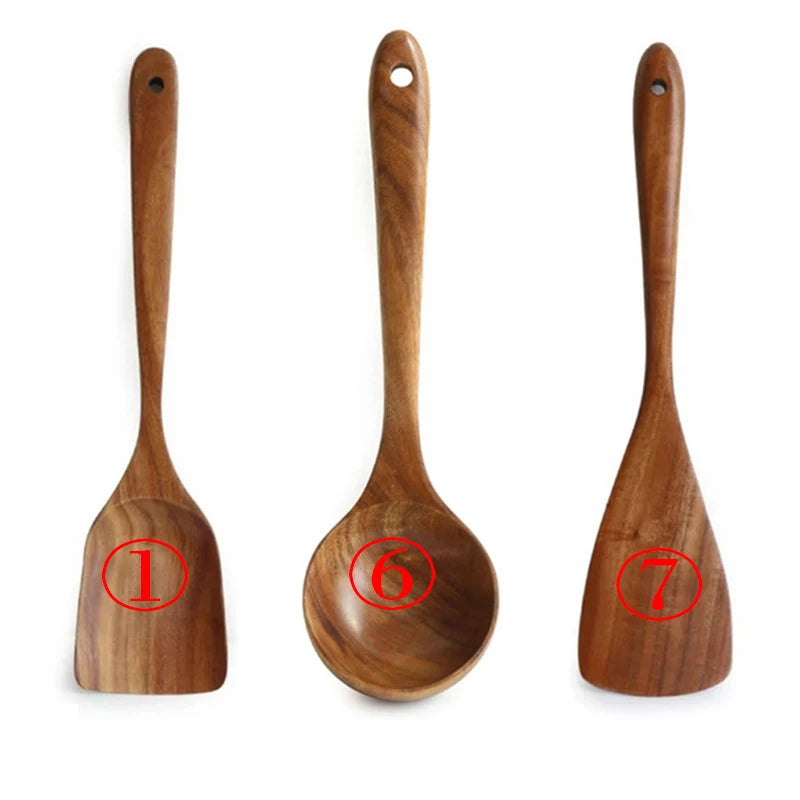 Thailand teak natural wood kitchen utensils set – spoon, ladle, turner, rice colander, soup skimmer, scoop cooking tools 3pcs