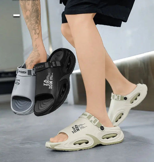 Two pairs of sandals being worn with text 'Free and Easy' and 'Sleek Free and Easy Comfort Classic'.