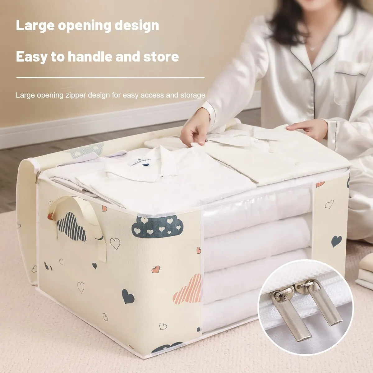 Storage box with cartoon designs being used by a person, emphasizing ease of use and storage.
