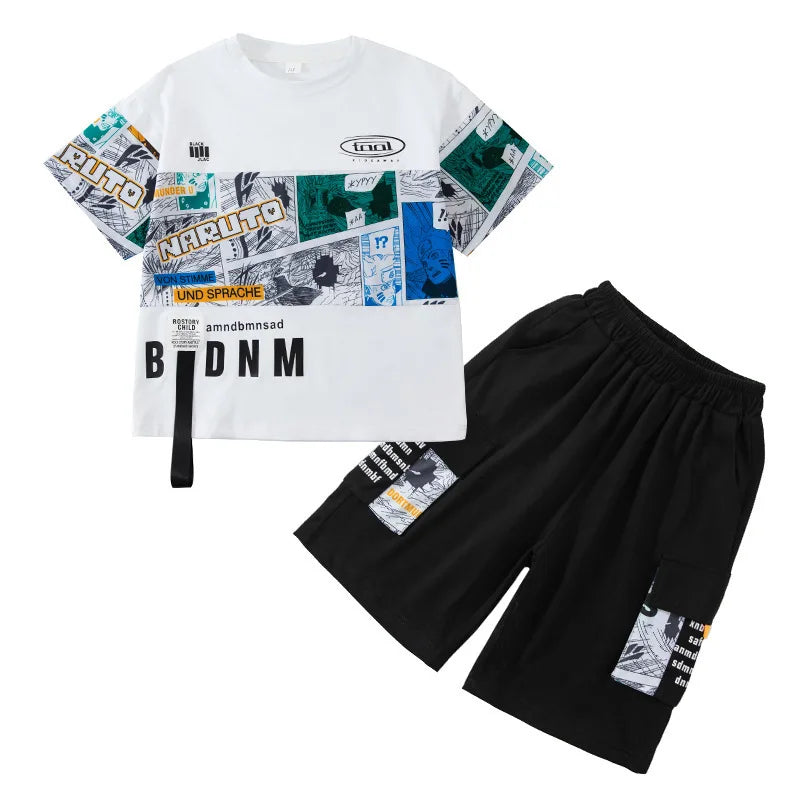 White t-shirt with graphic design and black shorts on a white background