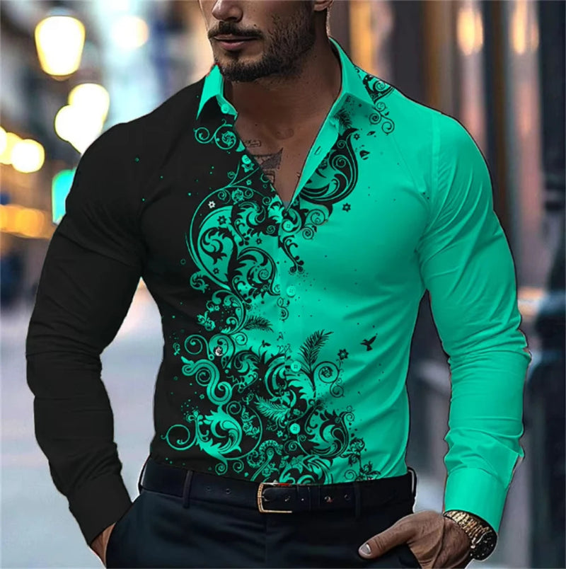 Man wearing a green and black patterned shirt with a blurred city street background