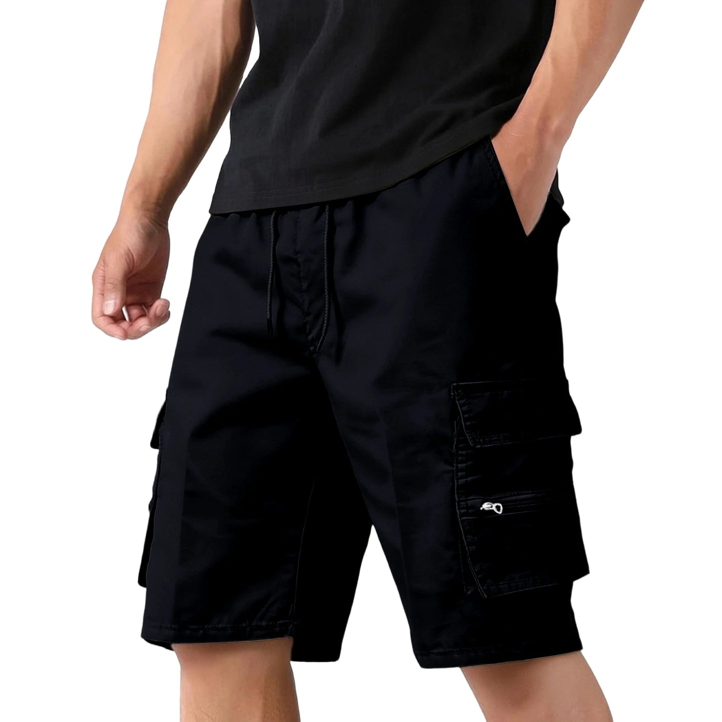 Men'S Casual Cargo Shorts Multi-Pocket Loose Fit Drawstring Waist Summer Outdoor Hiking Shorts Solid Camouflage Color Quick Dry