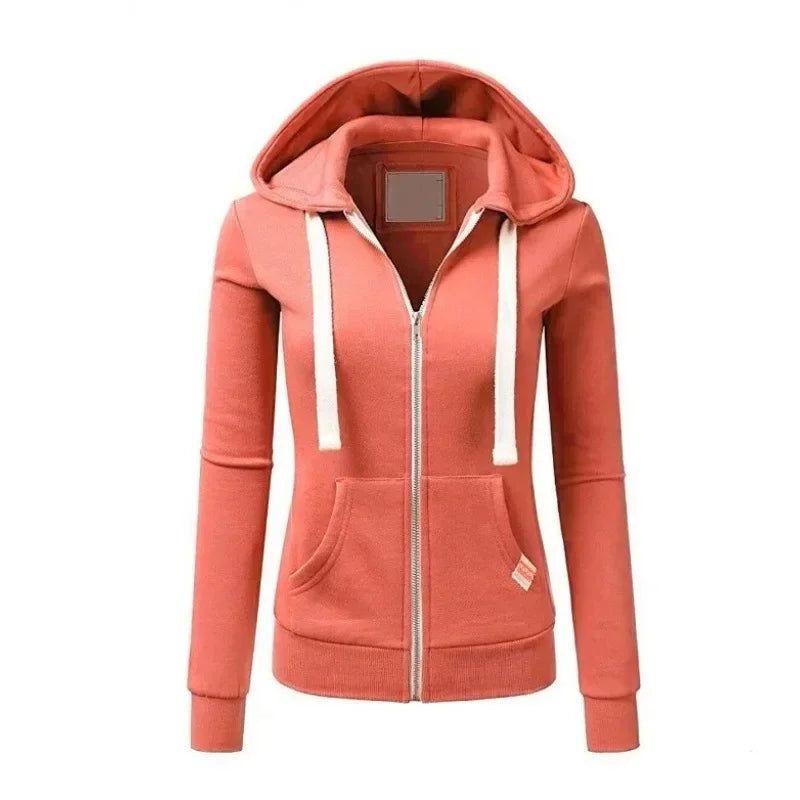Coral hoodie with white zipper on a white background