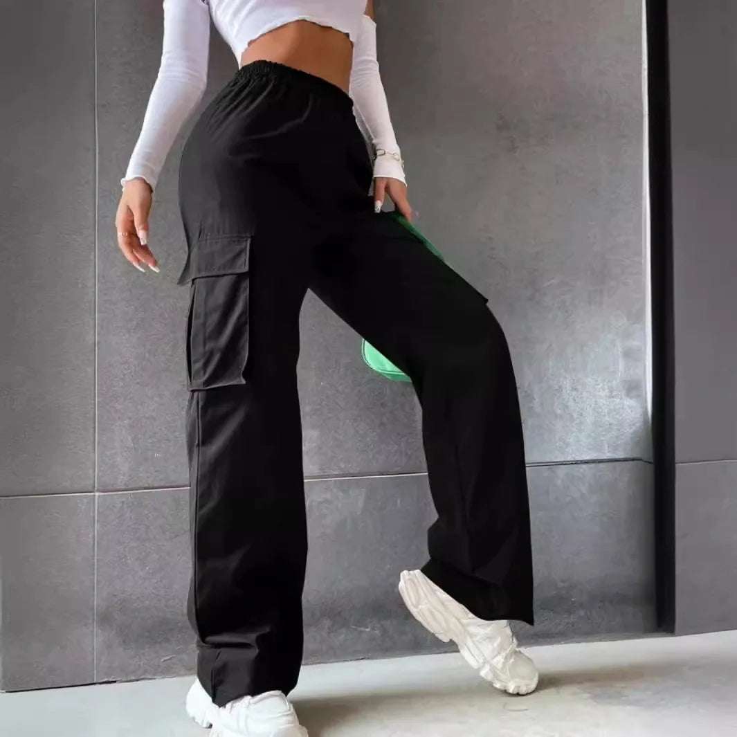 Fashion women’s baggy joggers pants, casual chic straight cargo pants, elastic high waist oversized trousers for commuting black 2